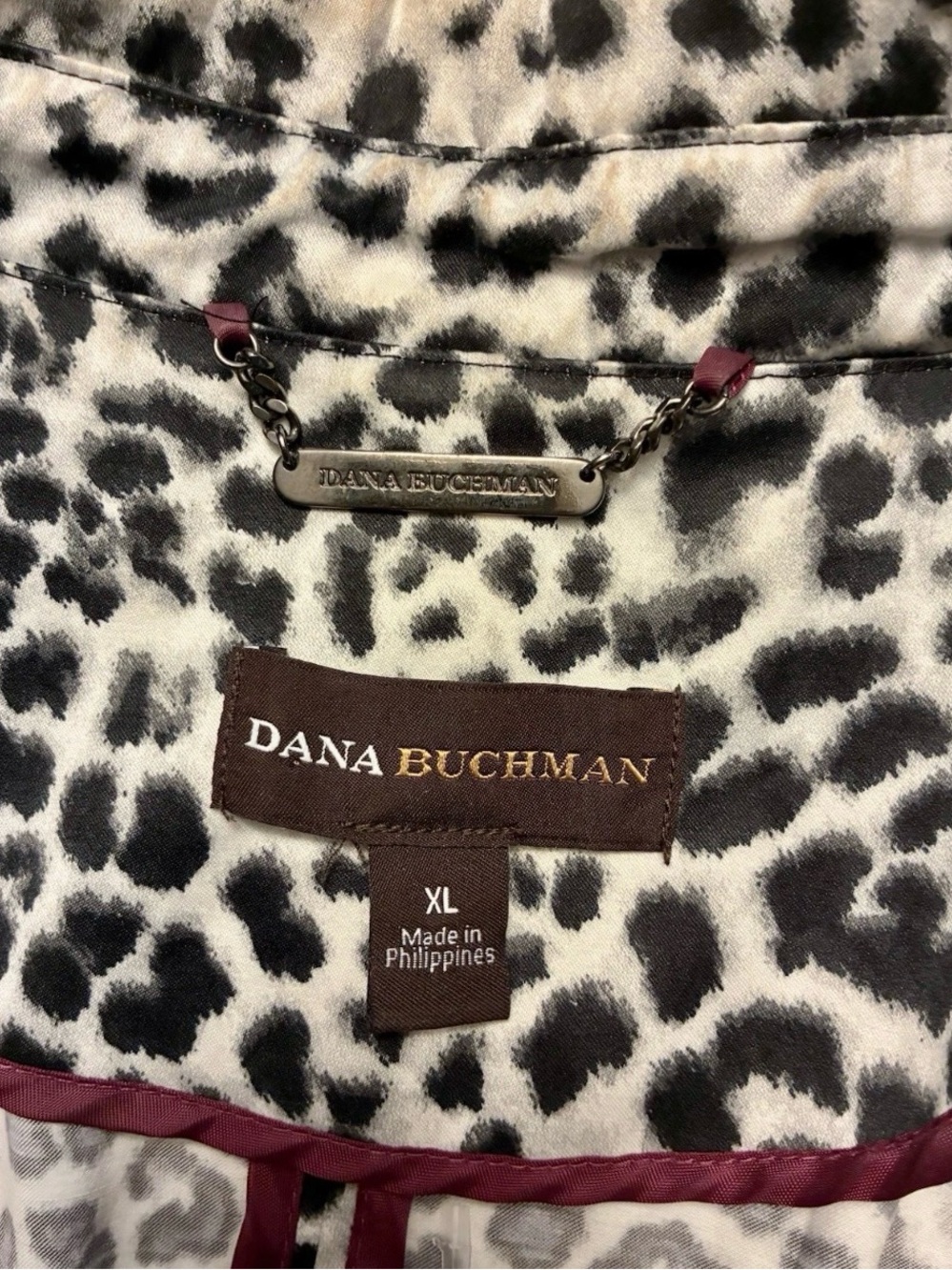 Dana Buchman Black and Cream Leopard Print Blouse with Chain Detail
